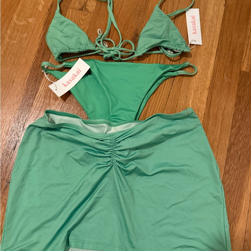 Green Bikini Set with Skirt